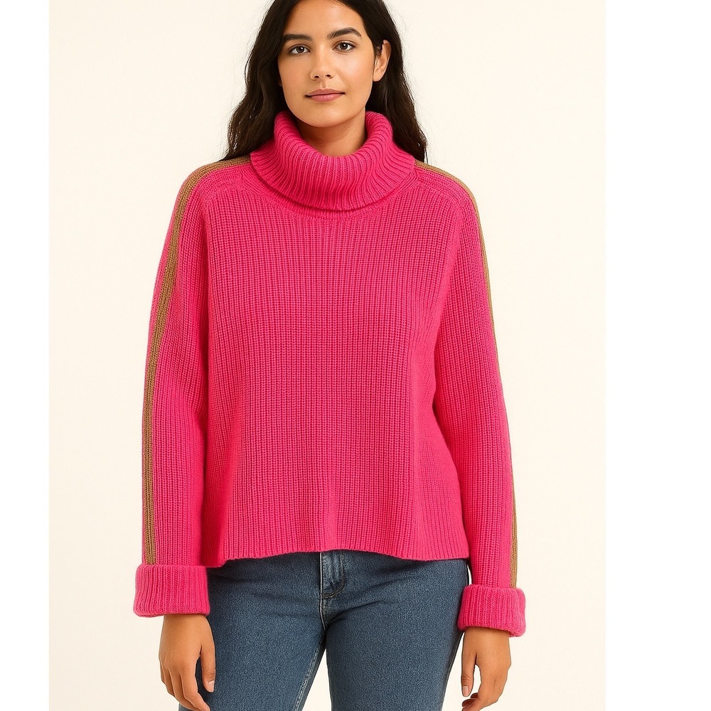525 Pink Turtleneck Sweater‎ Striped Sleeve Women Casual Cozy Knit Large